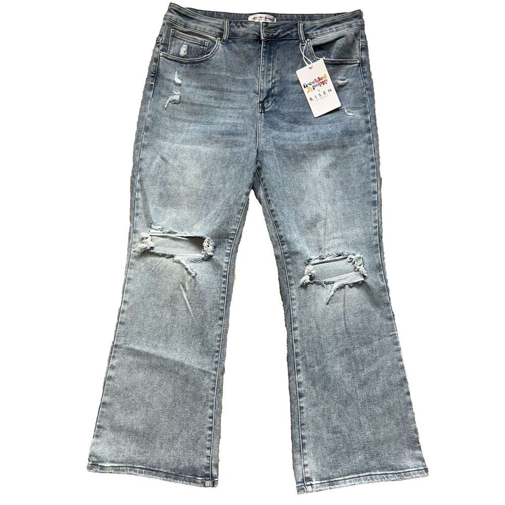 NWT Freckled Poppy X Risen Size 2XL Womens Hi-Rise Flare Jeans Medium Wash